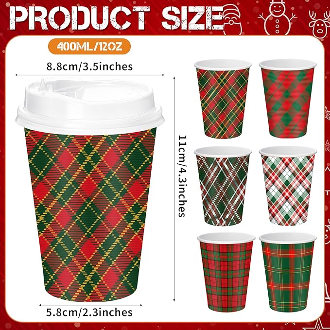 Yungyan 60 Sets Christmas Disposable Coffee Cups with Lids 12 oz Buffalo Plaid Paper Cups Xmas Hot Cocoa To-go Coffee Mug for Hot Cold Drinks Chocolate Tea Beverage Christmas Party Supplies
