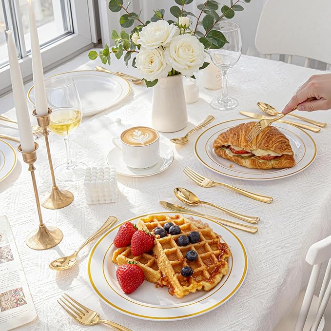 WDF 500PCS Gold Plastic Silverware Set Disposable - Gold Cutlery Set Plastic - 250Forks, 125 Spoons, 125 Knives for Christmas Party, Birthday, Wedding