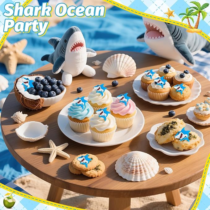 24 PCS Shark Cupcake Toppers Shark Fin Cake Toppers for Ocean Animals Theme Party Supplies Family Baby Shower Birthday Summer Holiday Beach Decorations