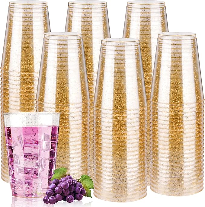 Goodluck 12 oz 200 PCS Gold Glitter Plastic Cups, Disposable Glitter Cups, Elegant Plastic Cocktail Glasses, Fancy Party Cups for Wedding, Birthday, Holiday