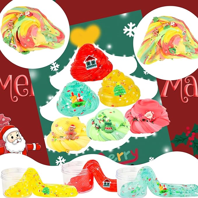 Christmas Slime Kit for Kids, 6 Pack Butter Clear Slime kit for Girls, Toys for Girls and Boys, Stocking Stuffers for Kids, Goodie Bag,Cute Stuff Party Favors, Classroom Rewards