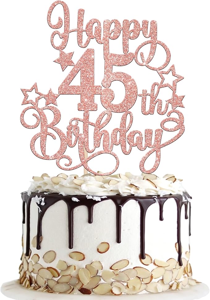 1 PCS Happy 45th Birthday Cake Topper Glitter Cheers to 45 Years Birthday Cake Pick Hello 45 Fabulous Cake Decoration for Happy 45th Birthday Anniversary Party Decorations Supplies Rose Gold