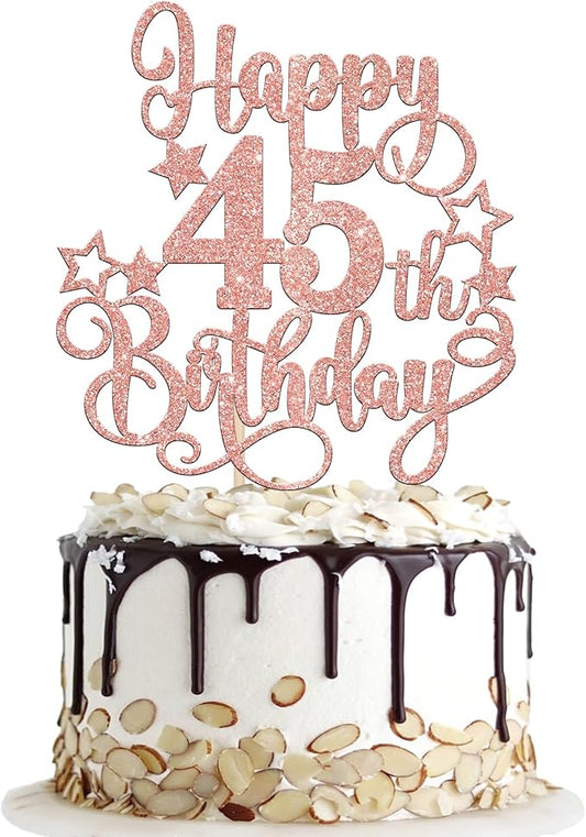 1 PCS Happy 45th Birthday Cake Topper Glitter Cheers to 45 Years Birthday Cake Pick Hello 45 Fabulous Cake Decoration for Happy 45th Birthday Anniversary Party Decorations Supplies Rose Gold