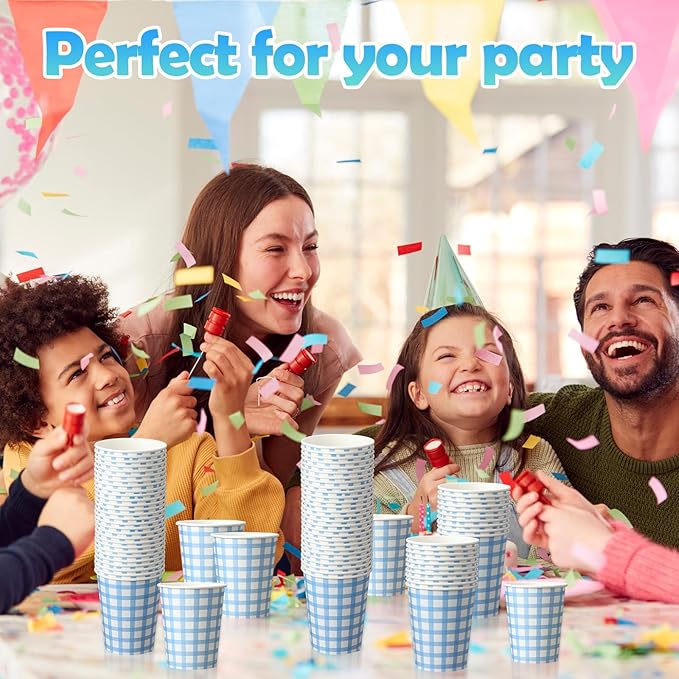 Honeydak 150 Pcs 9 oz Gingham Paper Drinking Cups Checkered Party Disposable Plaid Paper Cups Supplies for Wedding Birthday Fiesta Party Baby Shower Picnic(Blue)
