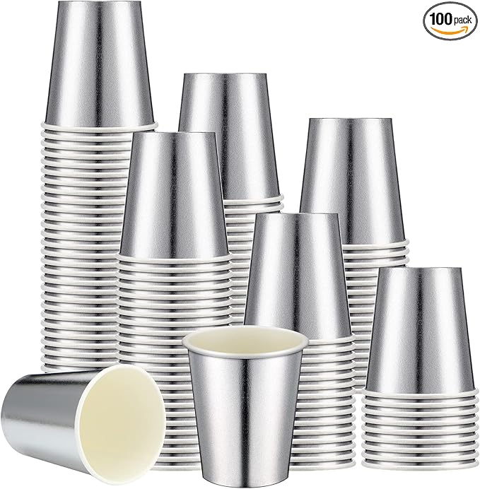 Amyhill 100 Pcs Disposable Silver Drinking Party Paper Cups 9 oz Iridescent Disco Lasering Cups for Hot Cold Drink Tea Coffee Cocktail for Home, Restaurant, Store and Cafe Party Supplies