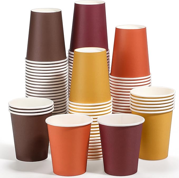 URATOT 120 Pieces 9 Ounce Disposable Paper Cups Autumn Color Party Cups Thanksgiving Fall Drinking Cups for Party, DIY, and Holiday, 4 Colors