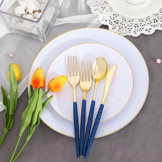 Supernal 180pcs Gold and Blue Plastic Silverware,Gold Plastic Flatware with Blue Glitter Handle,Disposable Cutlery for Party,Unique Disposable Utensils Suit for Party,Birthday,Wedding