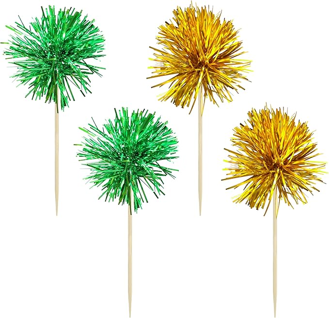 Gyufise 30Pcs Foil Firework Cupcake Toppers Sparkle Tinsel Cake Toppers Tinsel Drink Cake Decoration Cocktail Picks for Birthday Wedding Graduation Party Supplies Gold Green