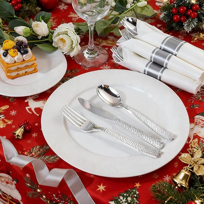 WELLIFE 300PCS Silver Plastic Silverware,Pre Rolled Silverware Set Disposable,Disposable Cutlery Includes: 75 Forks, 75 Knives, 75 Spoons, 75 Napkins,Christmas Utensils