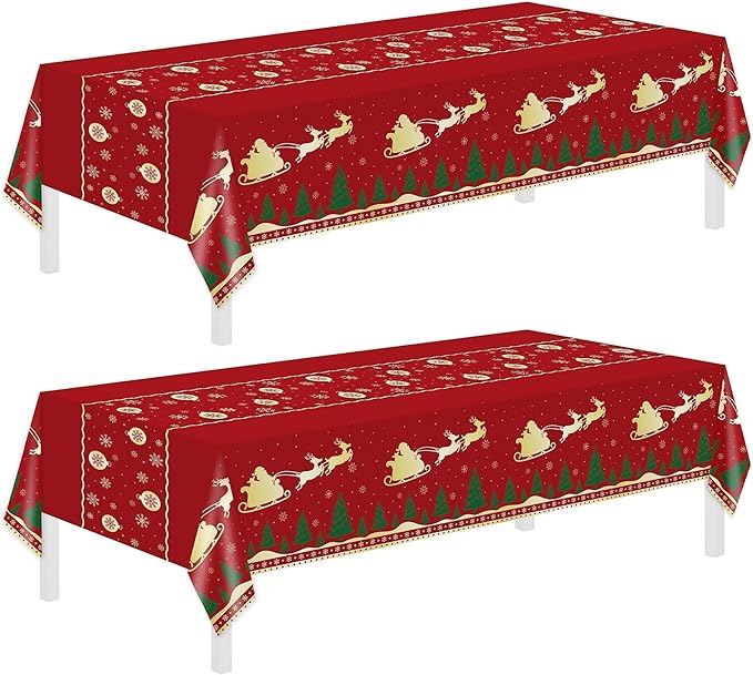 Christmas Tablecloth,2 Pack Disposable Plastic Tablecloths for Rectangle Tables 54"x108",Christmas Decorations,Red Reindeer Table Cloths for Home,Dinner,Xmas Table Cover for Outdoor,Picnic,Birthday