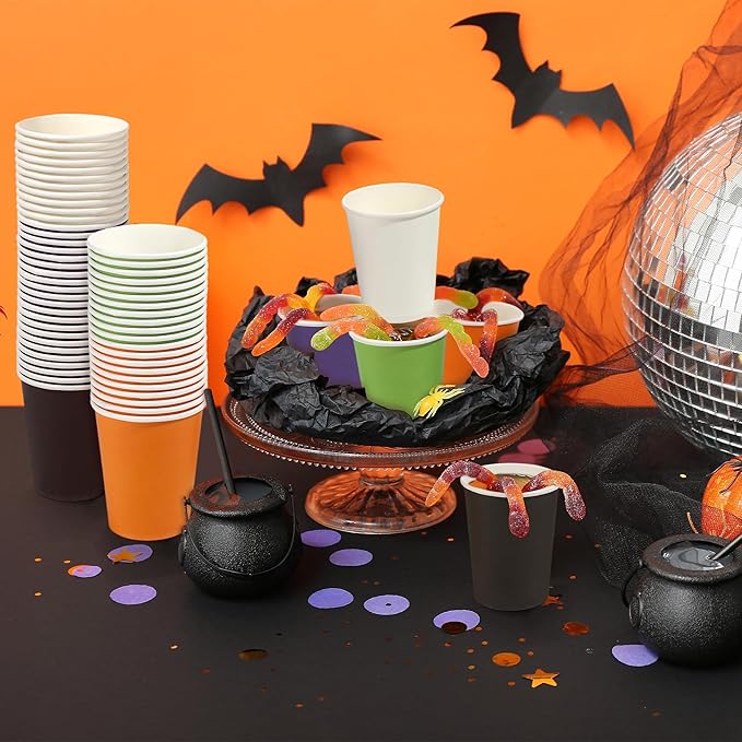 URATOT 60 Pieces Halloween Party Cups 9 Ounce Disposable Paper Cups Black and Orange Drinking Cup Cold Hot Drink Table Decor Supplies for Halloween Party, DIY, and Holiday, 5 Colors