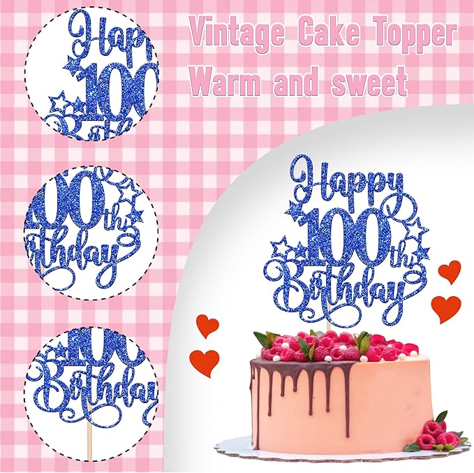 1 PCS Happy 100th Birthday Cake Topper Glitter Cheers to 100 Years Birthday Cake Pick Hello 100 Fabulous Cake Decoration for Happy 100th Birthday Anniversary Party Decorations Supplies Blue