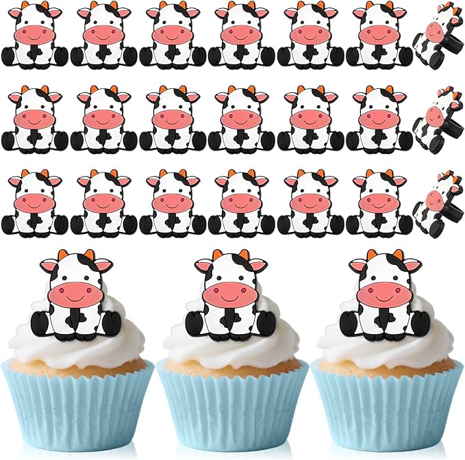 24 PCS Cow Cupcake Toppers Farm Animals Theme Cupcake Ring Oh Baby Cow Cake Toppers Cake Decoration for Birthday Baby Shower Gender Reveal Party Favor Nursery Wild Party Supplies