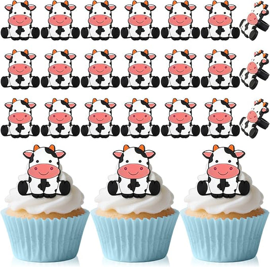 24 PCS Cow Cupcake Toppers Farm Animals Theme Cupcake Ring Oh Baby Cow Cake Toppers Cake Decoration for Birthday Baby Shower Gender Reveal Party Favor Nursery Wild Party Supplies