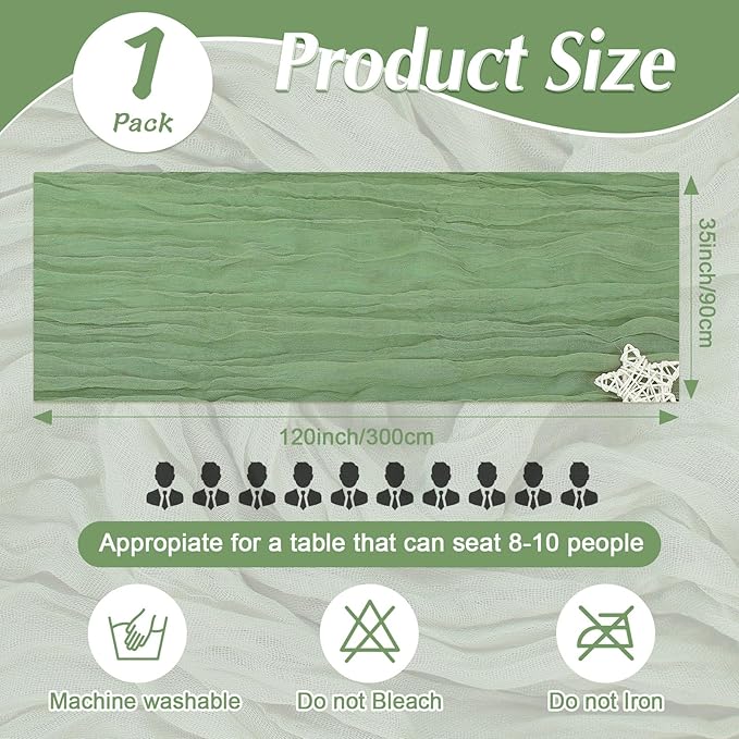 1 Pack Cheesecloth Table Runner Rustic Sheer Boho Gauze 35 x 120 Inch Centerpiece Cheese Cloth for Bridal Baby Shower Summer Spring Decorations Sage Green