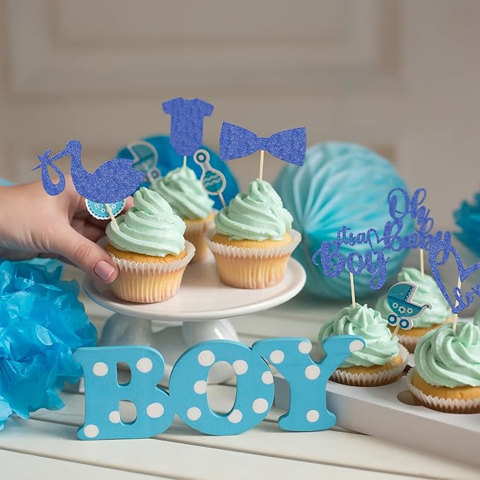 Gyufise 36 Pack Oh Baby Cupcake Toppers It's a Boy Cupcake Toppers with Tie Onesie Love Heart Deep Blue Glitter Babyshower Cake Picks Decorations for Baby Shower Boy Birthday Party Supplies