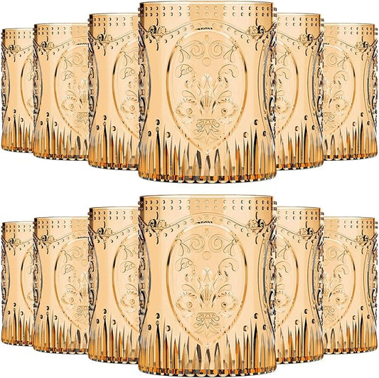 12 Plastic Vintage Drinking Glasses 8.5oz Stemless Retro Embossed Wine Glasses Shatterproof Reusable Cups for Baby Shower Wedding Reception Grand Event Party (Yellow)