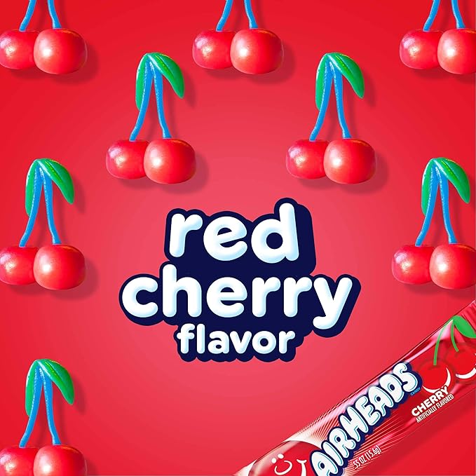 Airheads Full-Size Candy Bars, Taffy Candy Bulk Pack, Individually Wrapped, Cherry Fruit Flavor Artificially Flavored, 36 Count Box