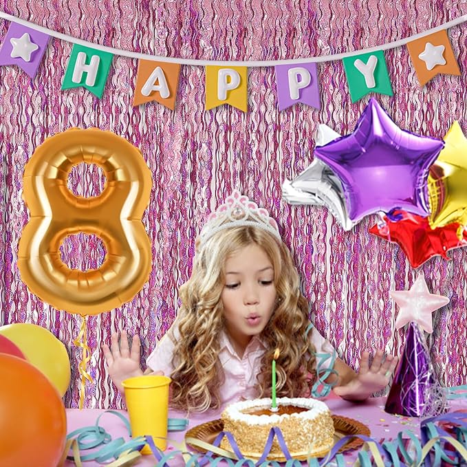 Pink Streamers Fringe Backdrop Tinsel Foil Fringe Curtains Wavy Backdrop for Parties Sparkle Metallic Wavy Foil Fringe Backdrop Curtain Photo Booth Props for Birthday Wedding