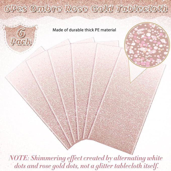 6 Pack Ombre Rose Gold Plastic Tablecloth for Parties, Gradient Pastel Rose Gold Disposable Tablecloths for Rectangle Tables, Light Pink Sprinkle Table Cover for Wedding Birthday Party, 54 x 108 Inch