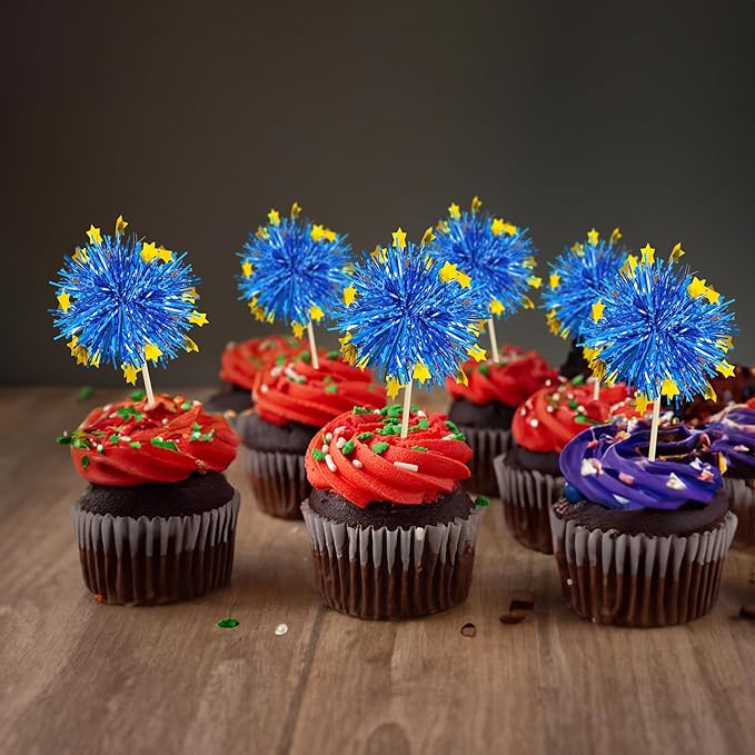 Ephlyn 30Pcs Foil Firework Cupcake Toppers Firework Cake Toppers Tinsel Flower Drink Stirrers Cocktail Food Fruit Toothpicks for Valentine's Day Party Decorations Blue