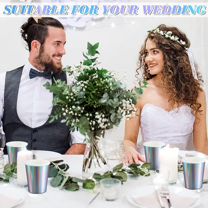 Funtery 100 Pcs Iridescent Paper Cups 9 oz Holographic Disposable Party Cups Beverage Drinkware Supplies for Bachelorette Birthday Disco Baby Shower Mermaid Party Wedding Anniversary Engagement