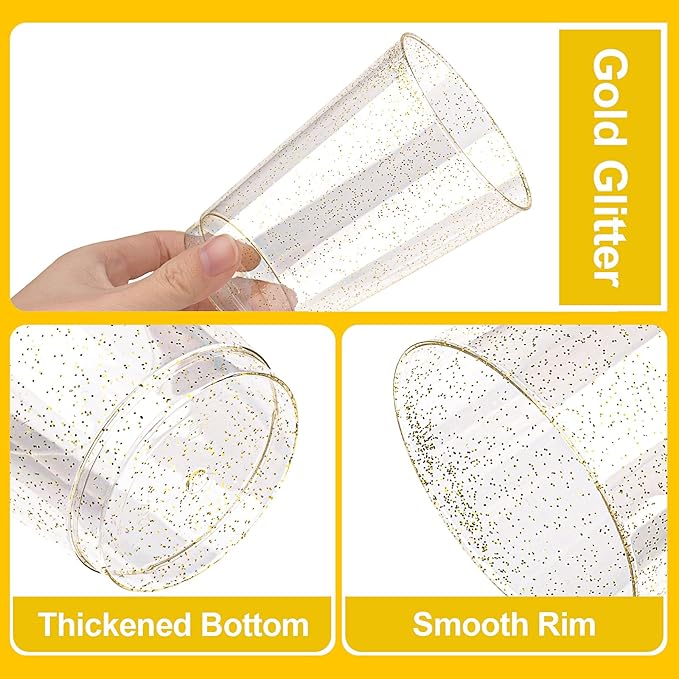 BESTVIP 12oz Gold Glitter Disposable Cups, 100 Pack Gold Plastic Cups, Heavy-duty Party Cocktail Glasses for Christmas, Plastic Cups for Party, Holiday, Wedding and Birthday