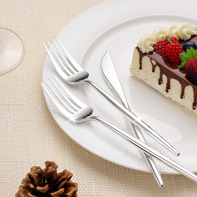 Rubtlamp 90Pcs Silver Christmas Plastic Silverware, Silver Plastic Christmas Utensils, Plastic Cutlery Include 30 Knives, 30 Forks and 30 Spoons, Silverware Heavy Duty For Party