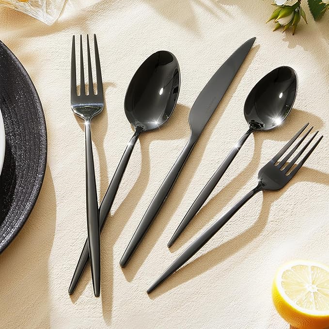 KINGSTONE Silverware Set, 20-Piece Flatware Set Cutlery Set Premium 18/10 Stainless Steel, Tableware Include Forks Knives Spoons for Home Kitchen Restaurant Wedding, Dishwasher Safe,Black