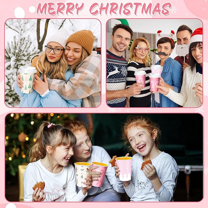 Yungyan 60 Sets Christmas Disposable Coffee Cups with Lids 12 oz Pink Xmas Paper Cups Hot Cocoa To-go Coffee Mug for Hot Cold Drinks Chocolate Tea Beverage Christmas Party Supplies