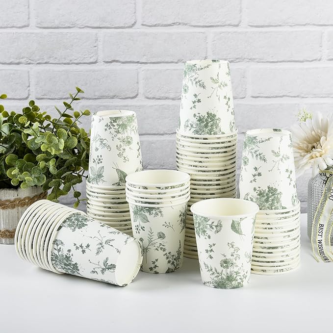 100Pcs Floral Paper Cups White Sage Green Flowers Party Cups 9oz Disposable Toile Chinoiserie Drinking Cups for Hot Cold Beverage Birthday Baby Shower Party Supplies (100, Sage Green)