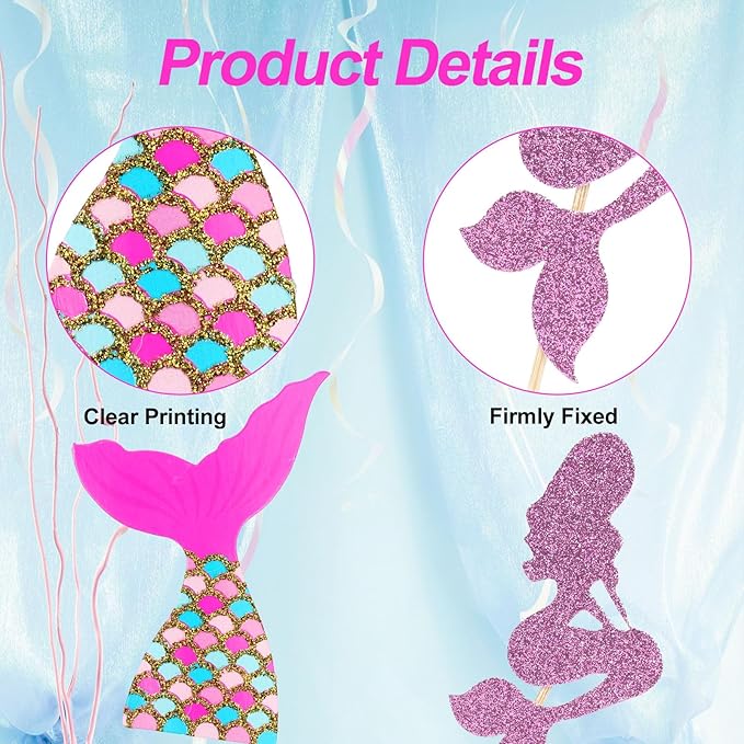 36 pcs Glitter Mermaid Cupcake Toppers Mermaid Cake Topper Under the Sea Beach Mermaids Tail Cake Decoration Birthday Party Supplies for Baby Shower Children's Day