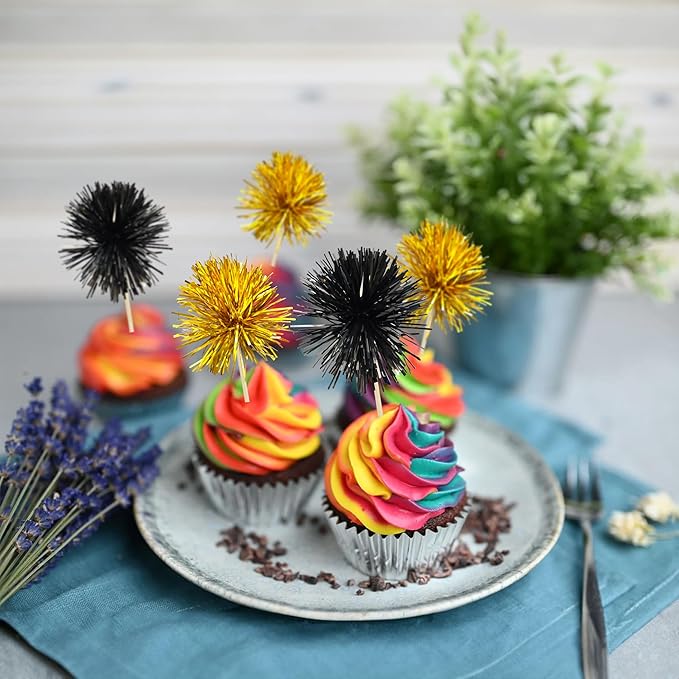 Gyufise 30Pcs Foil Firework Cupcake Toppers Sparkle Tinsel Cake Toppers Tinsel Drink Cake Decoration Cocktail Picks for Birthday Wedding Graduation Party Supplies Gold Black