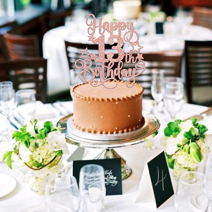 1 PCS Happy 13th Birthday Cake Topper Glitter Cheers to 13 Years Birthday Cake Pick Hello 13 Fabulous Cake Decoration for Happy 13th Birthday Anniversary Party Decorations Supplies Rose Gold