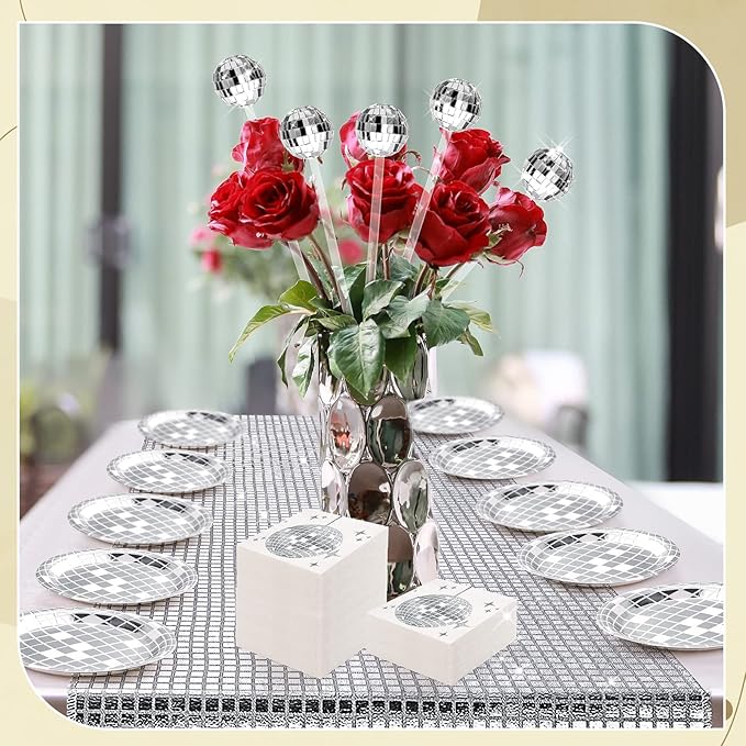 70s Disco Party Supplies Disco Balls Plates Napkins Cocktail Stirrers Disposable Plastic Cups Party Table Runner for 80s 90s Wedding Picnic Travel(101 Pieces)
