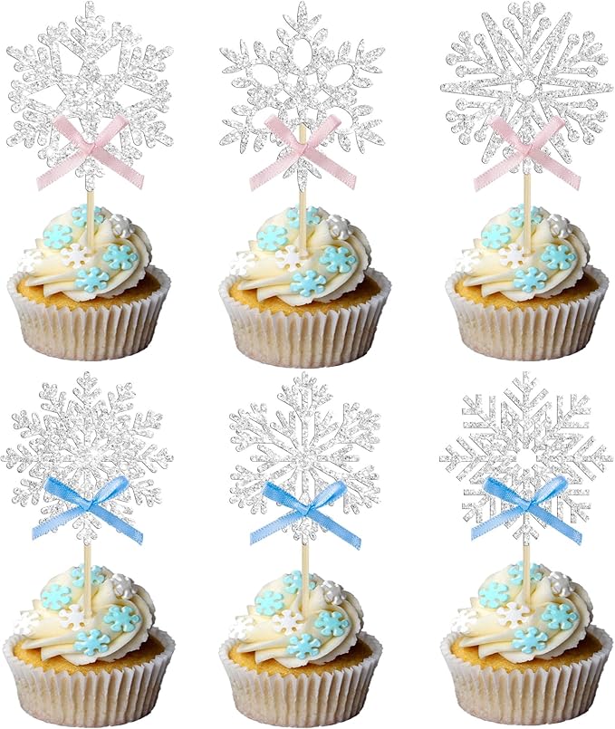 24Pcs Snowflake Cupcake Toppers Silver Glitter Pink Blue Bow Snowflake Gender Reveal Cake Toppers Decorations for Baby Shower Winter Wonderland Christmas Party Supplies
