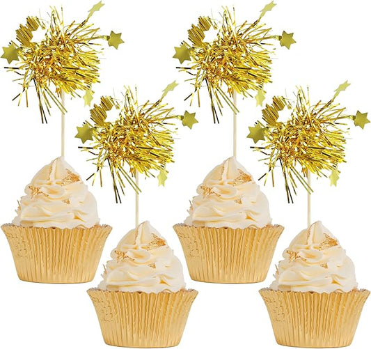 Gyufise 30Pcs Star Foil Firework Cupcake Toppers Sparkle Tinsel Cake Toppers Tinsel Drink Cake Decoration Cocktail Picks for Birthday Wedding Graduation Party Supplies Gold