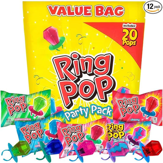 Ring Pop Individually Wrapped Bulk Lollipop- Variety Party Pack, 20 Lollipops per Bag (Case of 12 Bags)