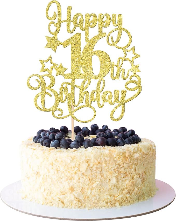 1 PCS Happy 16th Birthday Cake Topper Glitter Cheers to 16 Years Birthday Cake Pick Hello 16 Fabulous Cake Decoration for Happy 16th Birthday Anniversary Party Decorations Supplies Gold