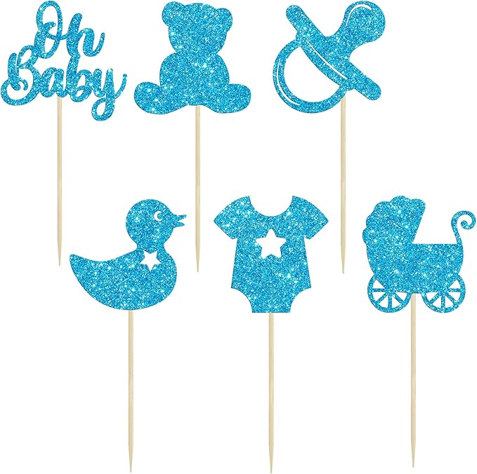 Gyufise 36Pcs Oh Baby Cupcake Toppers Glitter Bear Pacifier Baby Carriage Cupcake Picks Baby Shower Cake Decorations for Gender Reveal Baby Shower Birthday Party Supplies Blue