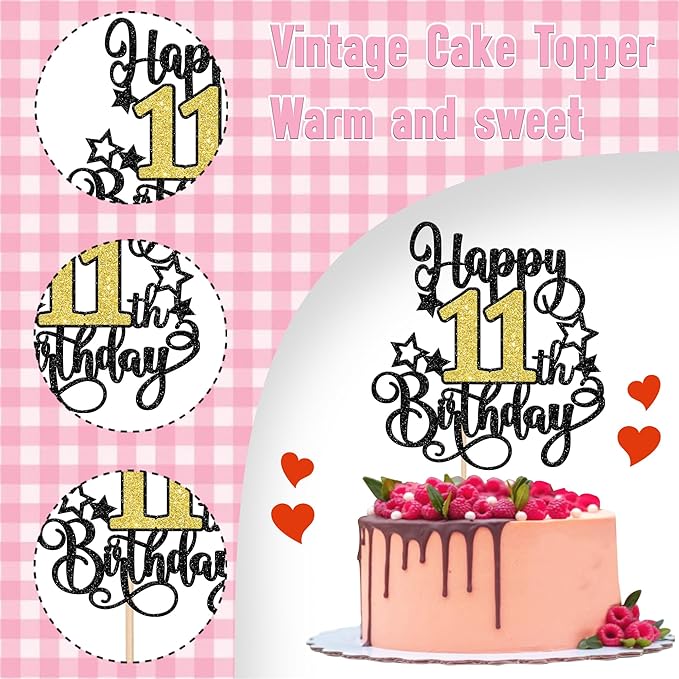 1 PCS Happy 11th Birthday Cake Topper Black Gold Glitter Cheers to 11 Years Birthday Cake Pick Hello 11 Fabulous Cake Decoration for Happy 11th Birthday Anniversary Party Decorations Supplies