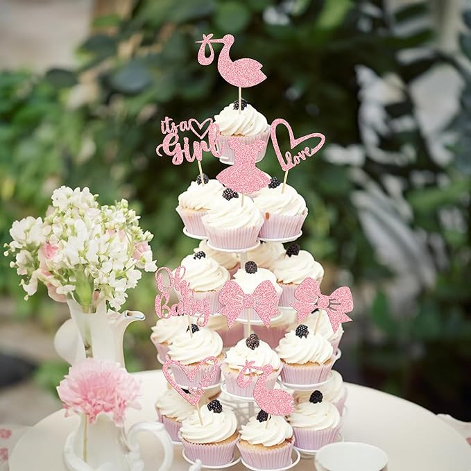 Gyufise 36 Pack Oh Baby Cupcake Toppers It's a Girl Cupcake Toppers with Bow Dress Love Heart Pink Glitter Cake Picks Decorations for Baby Shower Girl Birthday Party Supplies