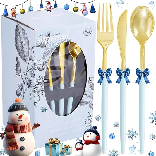 Supernal 102Pcs Mint Green Plastic Silverware,Gold Cutlery with Mint Green Handle,Gold Plastic Silverware Heavy Duty Include 34 Forks,34 Spoons and 34 Knives Prefect for Party,Wedding & Mother's Day