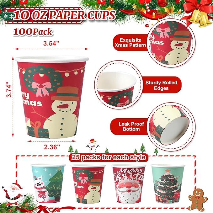 SIUQ 100 Pack 10 oz Christmas Disposable Coffee Cups, Thickened Christmas Paper Cups for Hot/Cold Beverage, Tea, Coffee, Hot Chocolate, Xmas Party Cup Ideal for Home, Cafes, Store, Holiday