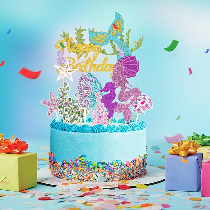 36 pcs Glitter Mermaid Cupcake Toppers Mermaid Cake Topper Under the Sea Beach Mermaids Tail Cake Decoration Birthday Party Supplies for Baby Shower Children's Day