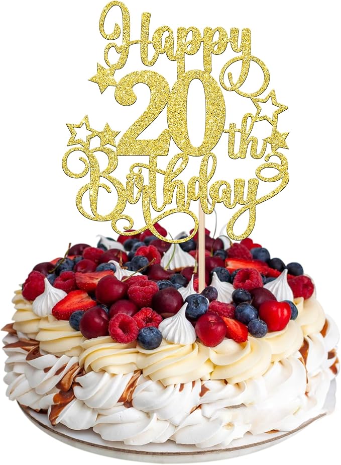 1 PCS Happy 20th Birthday Cake Topper Glitter Cheers to 20 Years Birthday Cake Pick Hello 20 Fabulous Cake Decoration for Happy 20th Birthday Anniversary Party Decorations Supplies Gold