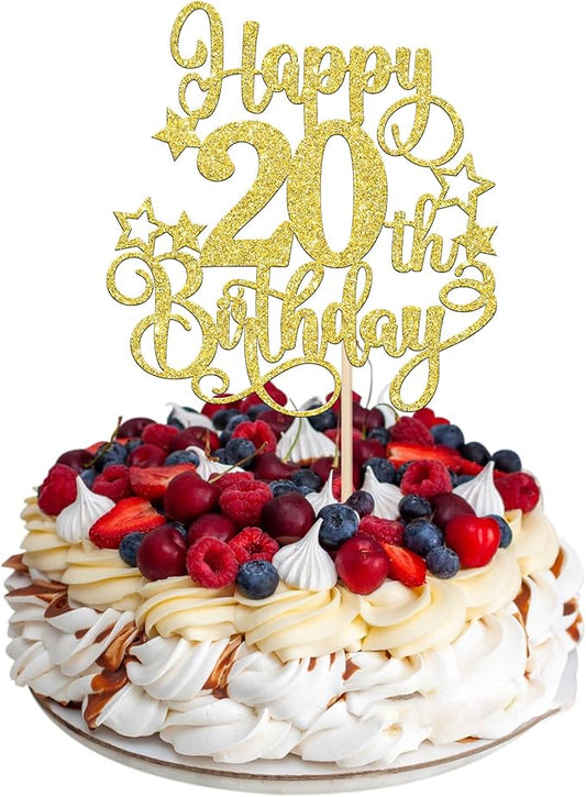 1 PCS Happy 20th Birthday Cake Topper Glitter Cheers to 20 Years Birthday Cake Pick Hello 20 Fabulous Cake Decoration for Happy 20th Birthday Anniversary Party Decorations Supplies Gold