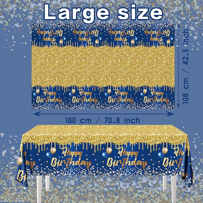Happy Birthday Tablecloth,3pcs Navy Blue and Gold Table Cloths for Parties Glitter Birthday Decoration for Women Men’s 18th 21st 30th 40th 60th 70th Birthday Party Supplies