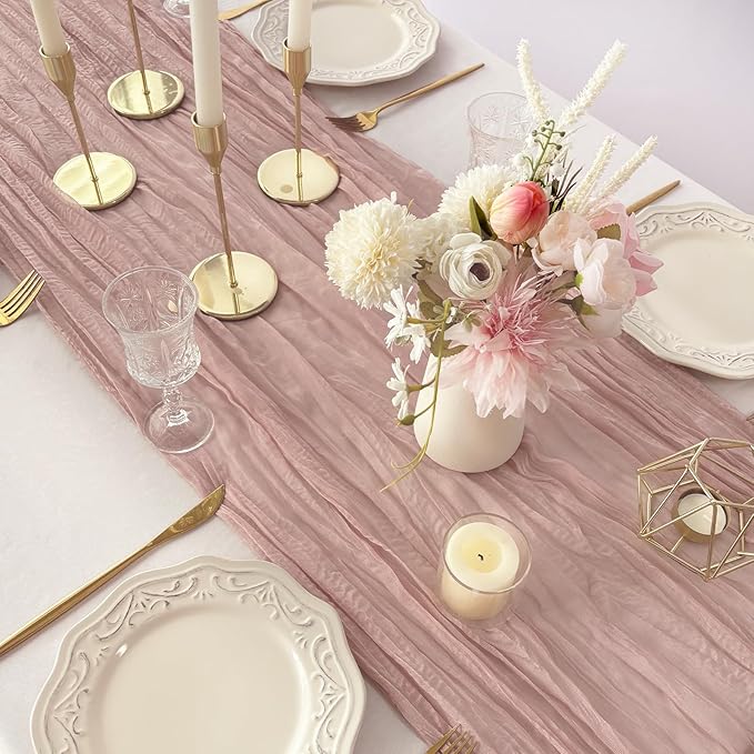 FEXIA Dusty Pink Cheesecloth Mothers Day Spring Table Runner 35x120 Inches Boho Gauze Table Runner for Wedding Party Baby Shower Engagement Decor