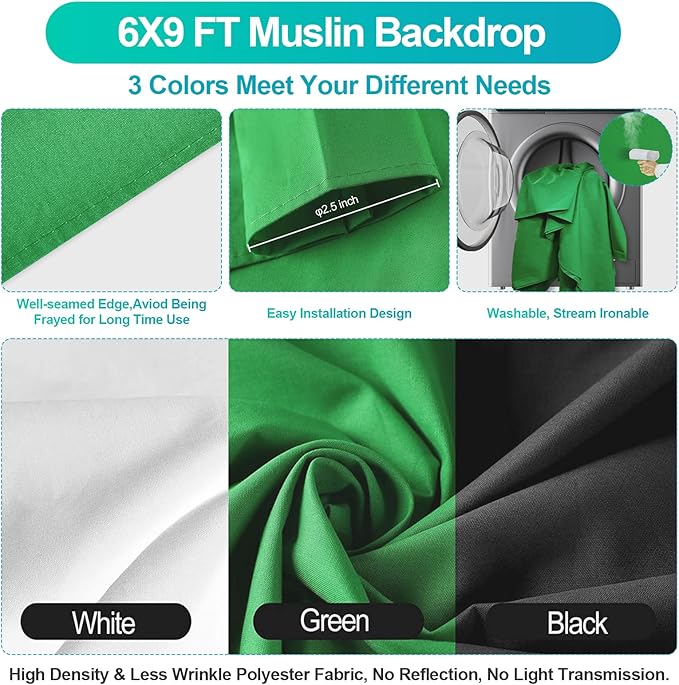 EMART 6.5x10ft Backdrop Support System, Professional Photography Lighting Kit with 45W CFL Blub, Umbrellas, 6x9ft Backdrop(White/Black/Green) for Photography Studio, Portrait, Video Shooting